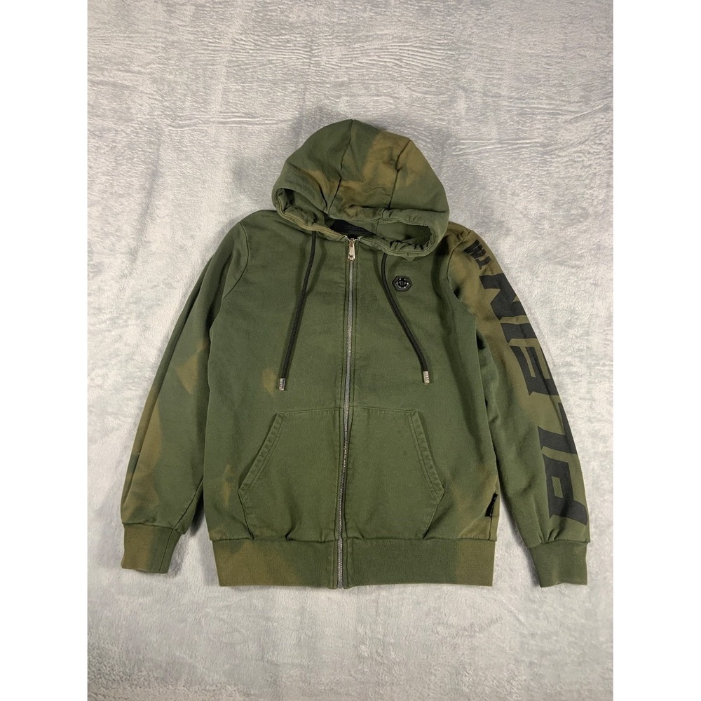 Philipp Plein Acid Washed Mens M Green Hoodie Split Kangaroo Pocket Zip